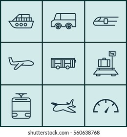 Set Of 9 Transport Icons. Includes Streetcar, Speed Checker, Vehicle And Other Symbols. Beautiful Design Elements.