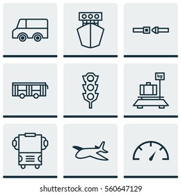 Set Of 9 Transport Icons. Includes Speed Checker, Baggage, Lorry And Other Symbols. Beautiful Design Elements.