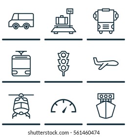 Set Of 9 Transport Icons. Includes Streetcar, Baggage, Speed Checker And Other Symbols. Beautiful Design Elements.