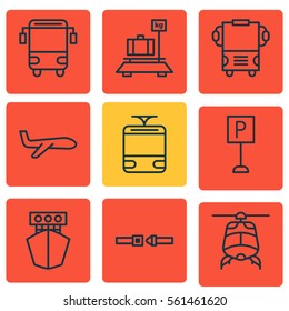 Set Of 9 Transport Icons. Includes College Transport, Baggage, Streetcar And Other Symbols. Beautiful Design Elements.