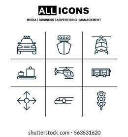 Set Of 9 Transport Icons. Includes Road Pointer, Ship, Metro And Other Symbols. Beautiful Design Elements.