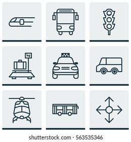 Set Of 9 Transport Icons. Includes College Transport, Stoplight, Metro And Other Symbols. Beautiful Design Elements.