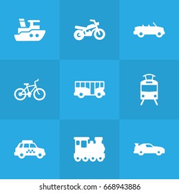 Set Of 9 Transport Icons Set.Collection Of Autobus, Bicycle, Motorbike And Other Elements.