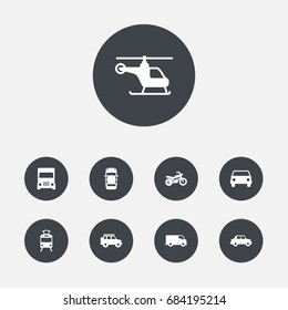 Set Of 9 Transport Icons Set.Collection Of Copter, Caravan, Side View And Other Elements.