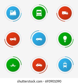 Set Of 9 Transport Icons Set.Collection Of Wagon, Coupe, Airship And Other Elements.
