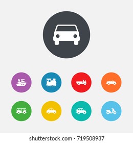 Set Of 9 Transport Icons Set.Collection Of Hatchback, Scooter, Car And Other Elements.