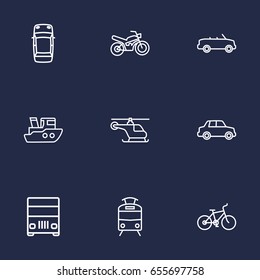 Set Of 9 Transport Outline Icons Set.Collection Of Lorry, Cabriolet, Tram And Other Elements.