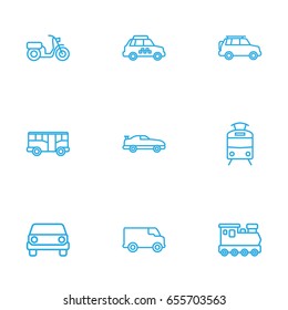 Set Of 9 Transport Outline Icons Set.Collection Of Moped, Tram, Bus And Other Elements.
