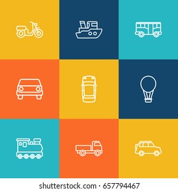 Set Of 9 Transport Outline Icons Set.Collection Of Suv, Front View, Train And Other Elements.