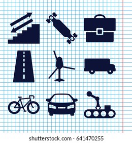 Set of 9 transportation filled icons such as runway, car, skate board, conveyor and robot arm, case, helicopter, bus, bicycle