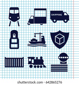 Set of 9 transportation filled icons such as train, airport tower, van, cargo box, locomotive, cargo ship, cargo insurance, office supply