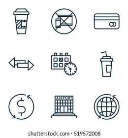 Set Of 9 Transportation Icons. Can Be Used For Web, Mobile, UI And Infographic Design. Includes Elements Such As Arrows, Cup, Takeaway And More.