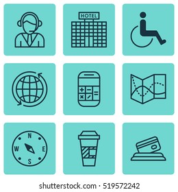 Set Of 9 Transportation Icons. Can Be Used For Web, Mobile, UI And Infographic Design. Includes Elements Such As Disabled, Hotel, Compass And More.