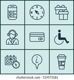 Set Of 9 Transportation Icons. Can Be Used For Web, Mobile, UI And Infographic Design. Includes Elements Such As Gift, Paralyzed, Compass And More.