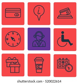 Set Of 9 Transportation Icons. Can Be Used For Web, Mobile, UI And Infographic Design. Includes Elements Such As Map, Debit, Compass And More.