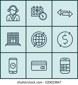 Set Of 9 Transportation Icons. Can Be Used For Web, Mobile, UI And Infographic Design. Includes Elements Such As Call, Crossroad, Credit And More.