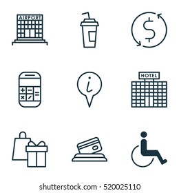 Set Of 9 Transportation Icons. Can Be Used For Web, Mobile, UI And Infographic Design. Includes Elements Such As Drink, Info, Math And More.
