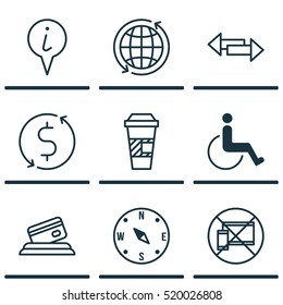 Set Of 9 Transportation Icons. Can Be Used For Web, Mobile, UI And Infographic Design. Includes Elements Such As Globe, Coffee, Compass And More.
