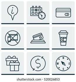 Set Of 9 Transportation Icons. Can Be Used For Web, Mobile, UI And Infographic Design. Includes Elements Such As Coffee, Credit, Takeaway And More.