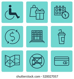 Set Of 9 Transportation Icons. Can Be Used For Web, Mobile, UI And Infographic Design. Includes Elements Such As Shopping, Date, Dollar And More.