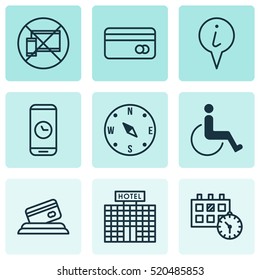 Set Of 9 Transportation Icons. Can Be Used For Web, Mobile, UI And Infographic Design. Includes Elements Such As Phone, Map, Hotel And More.