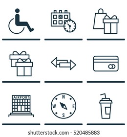 Set Of 9 Transportation Icons. Can Be Used For Web, Mobile, UI And Infographic Design. Includes Elements Such As Compass, Gift, Locate And More.