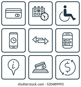 Set Of 9 Transportation Icons. Can Be Used For Web, Mobile, UI And Infographic Design. Includes Elements Such As Dollar, Paralyzed, Date And More.