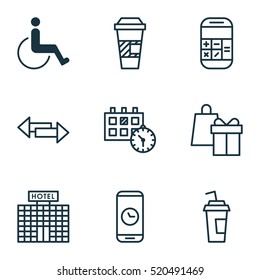Set Of 9 Transportation Icons. Can Be Used For Web, Mobile, UI And Infographic Design. Includes Elements Such As Holiday, Date, Disabled And More.