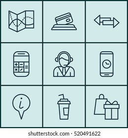 Set Of 9 Transportation Icons. Can Be Used For Web, Mobile, UI And Infographic Design. Includes Elements Such As Drink, Shopping, Calculator And More.