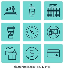 Set Of 9 Transportation Icons. Can Be Used For Web, Mobile, UI And Infographic Design. Includes Elements Such As Coffee, Takeaway, Map And More.