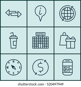Set Of 9 Transportation Icons. Can Be Used For Web, Mobile, UI And Infographic Design. Includes Elements Such As Cup, Dollar, Paper And More.