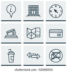 Set Of 9 Transportation Icons. Can Be Used For Web, Mobile, UI And Infographic Design. Includes Elements Such As Direction, Credit, Arrows And More.