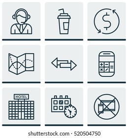 Set Of 9 Transportation Icons. Can Be Used For Web, Mobile, UI And Infographic Design. Includes Elements Such As Calendar, Date, Office And More.