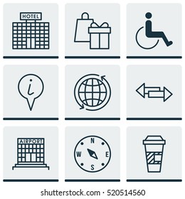 Set Of 9 Transportation Icons. Can Be Used For Web, Mobile, UI And Infographic Design. Includes Elements Such As Hotel, Office, Arrows And More.