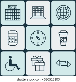 Set Of 9 Transportation Icons. Can Be Used For Web, Mobile, UI And Infographic Design. Includes Elements Such As Compass, Office, Hotel And More.