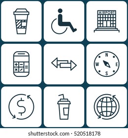 Set Of 9 Transportation Icons. Can Be Used For Web, Mobile, UI And Infographic Design. Includes Elements Such As Locate, Disabled, Arrows And More.