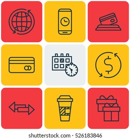 Set Of 9 Transportation Icons. Can Be Used For Web, Mobile, UI And Infographic Design. Includes Elements Such As World, Date, Time And More.