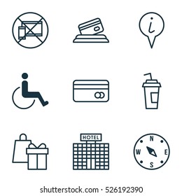 Set Of 9 Transportation Icons. Can Be Used For Web, Mobile, UI And Infographic Design. Includes Elements Such As Building, Compass, Shopping And More.