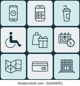 Set Of 9 Transportation Icons. Can Be Used For Web, Mobile, UI And Infographic Design. Includes Elements Such As Disabled, Holiday, Calculator And More.