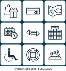Set Of 9 Transportation Icons. Can Be Used For Web, Mobile, UI And Infographic Design. Includes Elements Such As World, Debit, Credit And More.