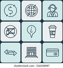 Set Of 9 Transportation Icons. Can Be Used For Web, Mobile, UI And Infographic Design. Includes Elements Such As Map, Credit, Pointer And More.