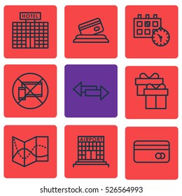 Set Of 9 Transportation Icons. Can Be Used For Web, Mobile, UI And Infographic Design. Includes Elements Such As Calendar, Building, Device And More.
