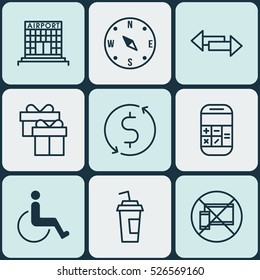 Set Of 9 Transportation Icons. Can Be Used For Web, Mobile, UI And Infographic Design. Includes Elements Such As Math, Construction, Airport And More.