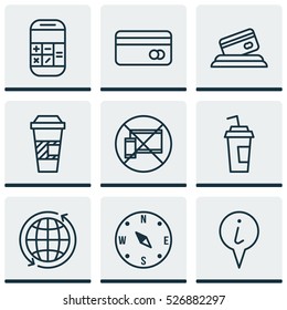 Set Of 9 Transportation Icons. Can Be Used For Web, Mobile, UI And Infographic Design. Includes Elements Such As Calculator, Debit, World And More.