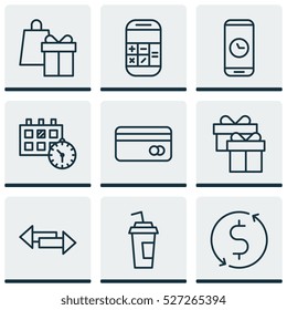 Set Of 9 Transportation Icons. Can Be Used For Web, Mobile, UI And Infographic Design. Includes Elements Such As Shopping, Dollar, Time And More.