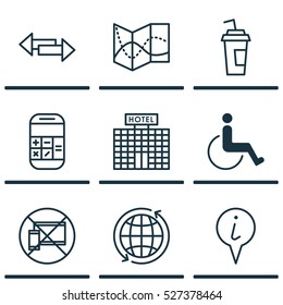Set Of 9 Transportation Icons. Can Be Used For Web, Mobile, UI And Infographic Design. Includes Elements Such As Globe, Drink, Road And More.