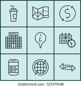 Set Of 9 Transportation Icons. Can Be Used For Web, Mobile, UI And Infographic Design. Includes Elements Such As Calculation, Around, Building And More.