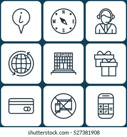 Set Of 9 Transportation Icons. Can Be Used For Web, Mobile, UI And Infographic Design. Includes Elements Such As Device, Calculator, Locate And More.