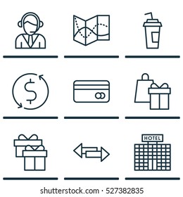 Set Of 9 Transportation Icons. Can Be Used For Web, Mobile, UI And Infographic Design. Includes Elements Such As Gift, Drink, Holiday And More.