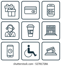 Set Of 9 Transportation Icons. Can Be Used For Web, Mobile, UI And Infographic Design. Includes Elements Such As Plastic Card, Present, Call Duration And More.
